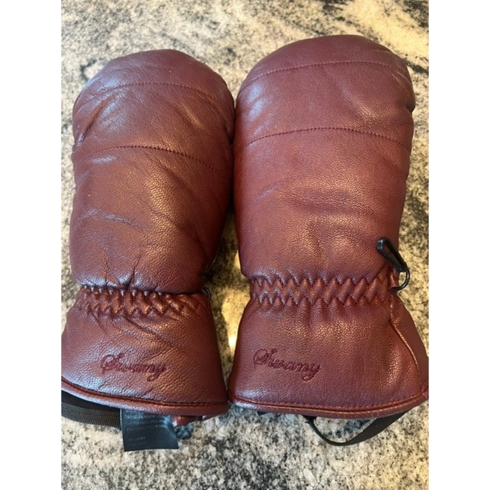 Swany Leather Mittens Women Medium Burgundy‎ Good Quilted Winter Ski LF-42